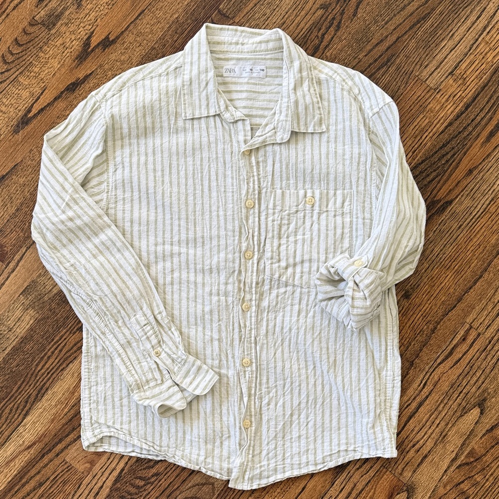 Zara Boys Cream and Light Green Striped Button-Down Shirt